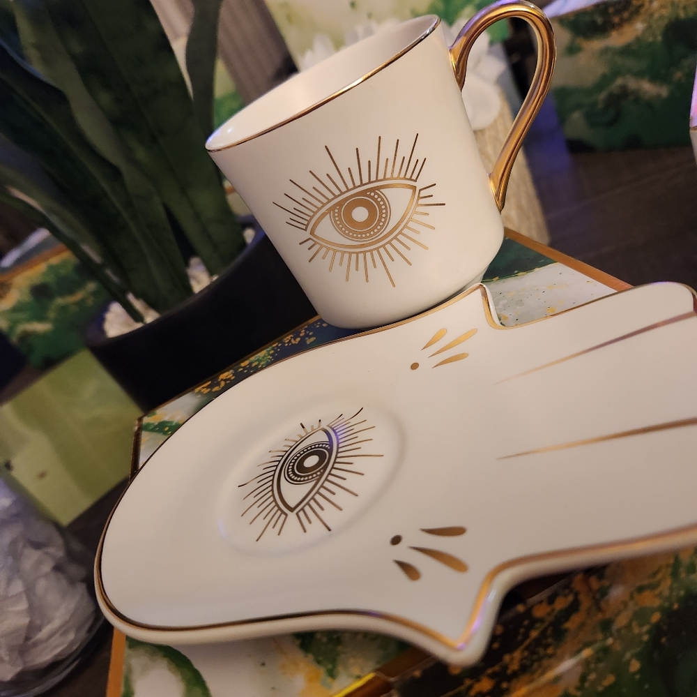 Evil eye Ceramic Mug with saucer. Buy One Get One Free (Color Of Choice)